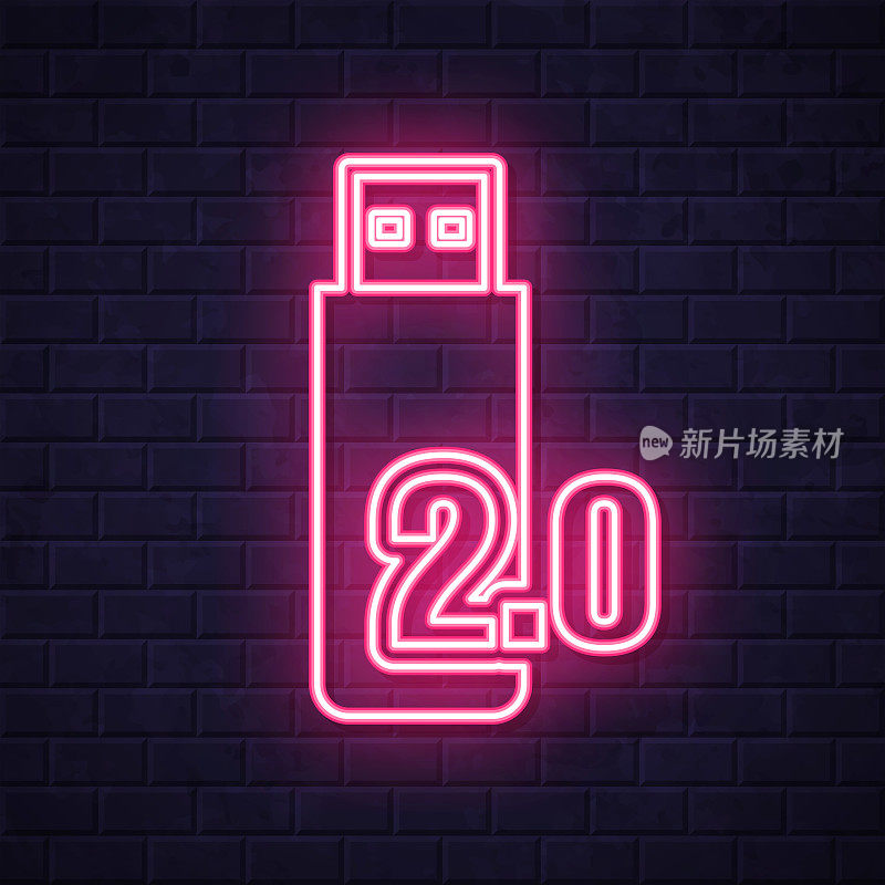USB 2.0闪存盘。在砖墙背景上发光的霓虹灯图标